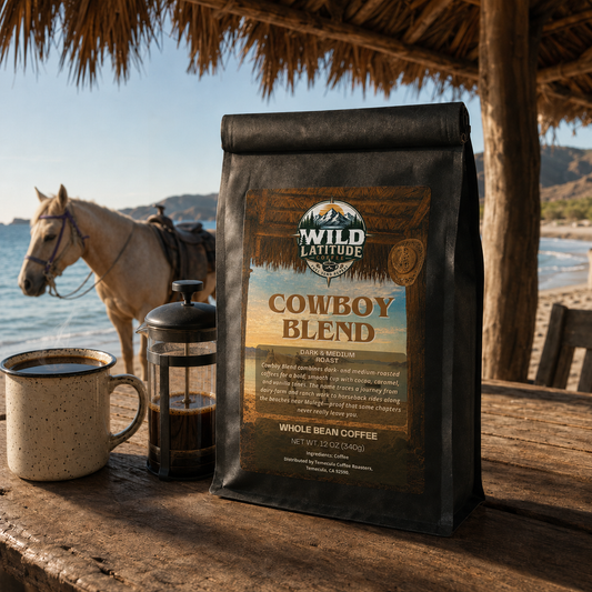 Cowboy Blend coffee with a French press, filled mug, and horse beneath a Baja palapa