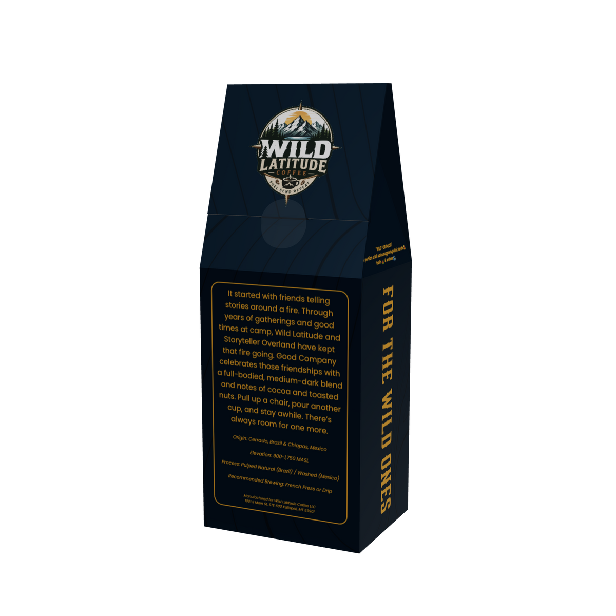 Back of the Good Company coffee box, showing the Wild Latitude and Storyteller Overland friendship story and coffee details.