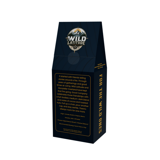 Back of the Good Company coffee box, showing the Wild Latitude and Storyteller Overland friendship story and coffee details.