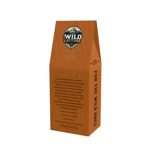 Back of Wild Latitude Coffee Pumpkin Spice seasonal coffee box with its fall story and coffee details