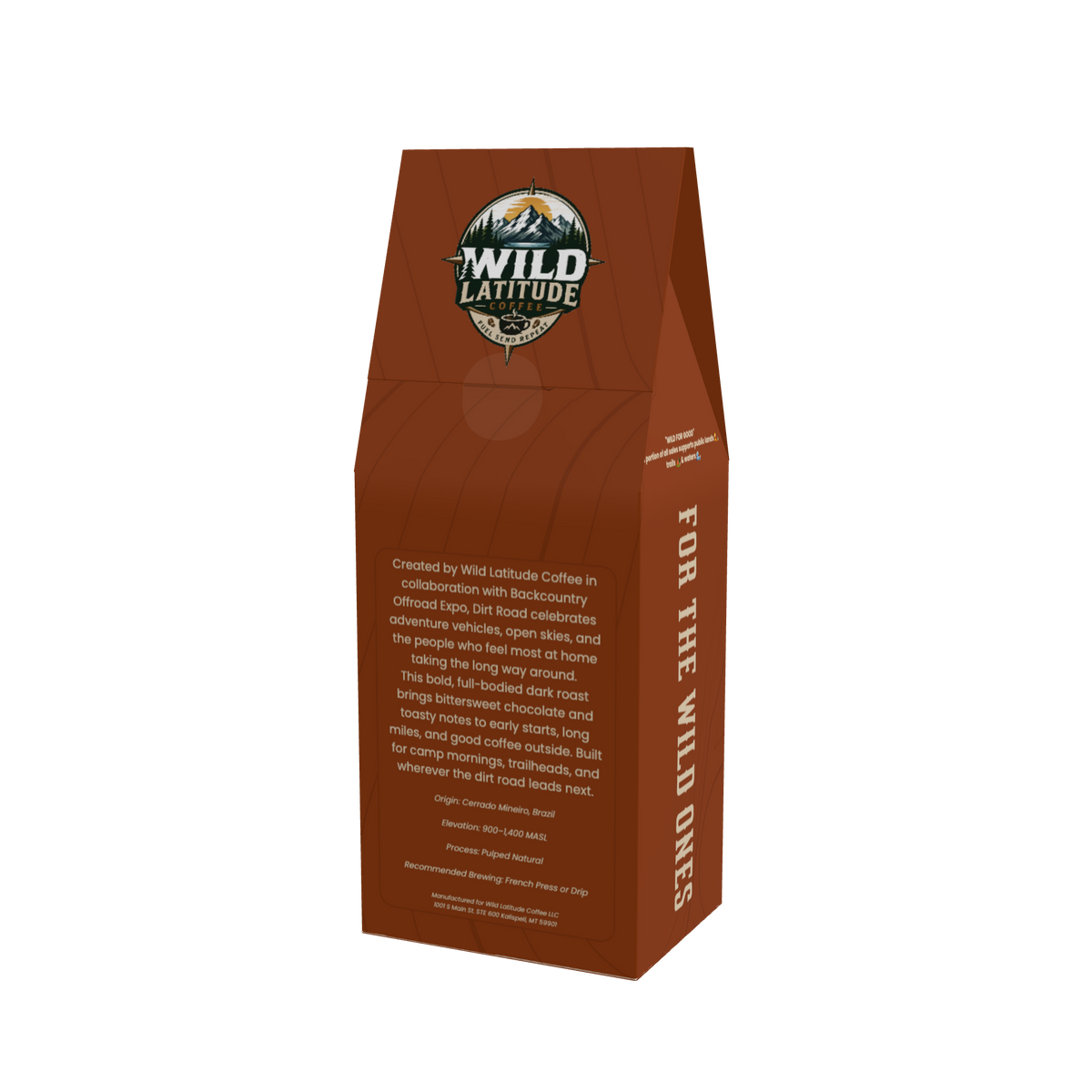 Back of the Dirt Road coffee box, showing the Wild Latitude and Backcountry Offroad Expo collaboration story and Brazilian coffee details.