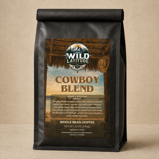 Cowboy Blend coffee in a black bag on a warm beige background
