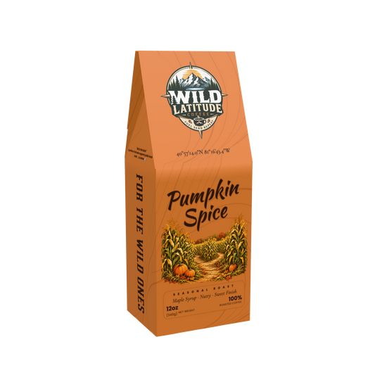 Front of Wild Latitude Coffee Pumpkin Spice seasonal coffee box with orange topographic design and corn maze artwork