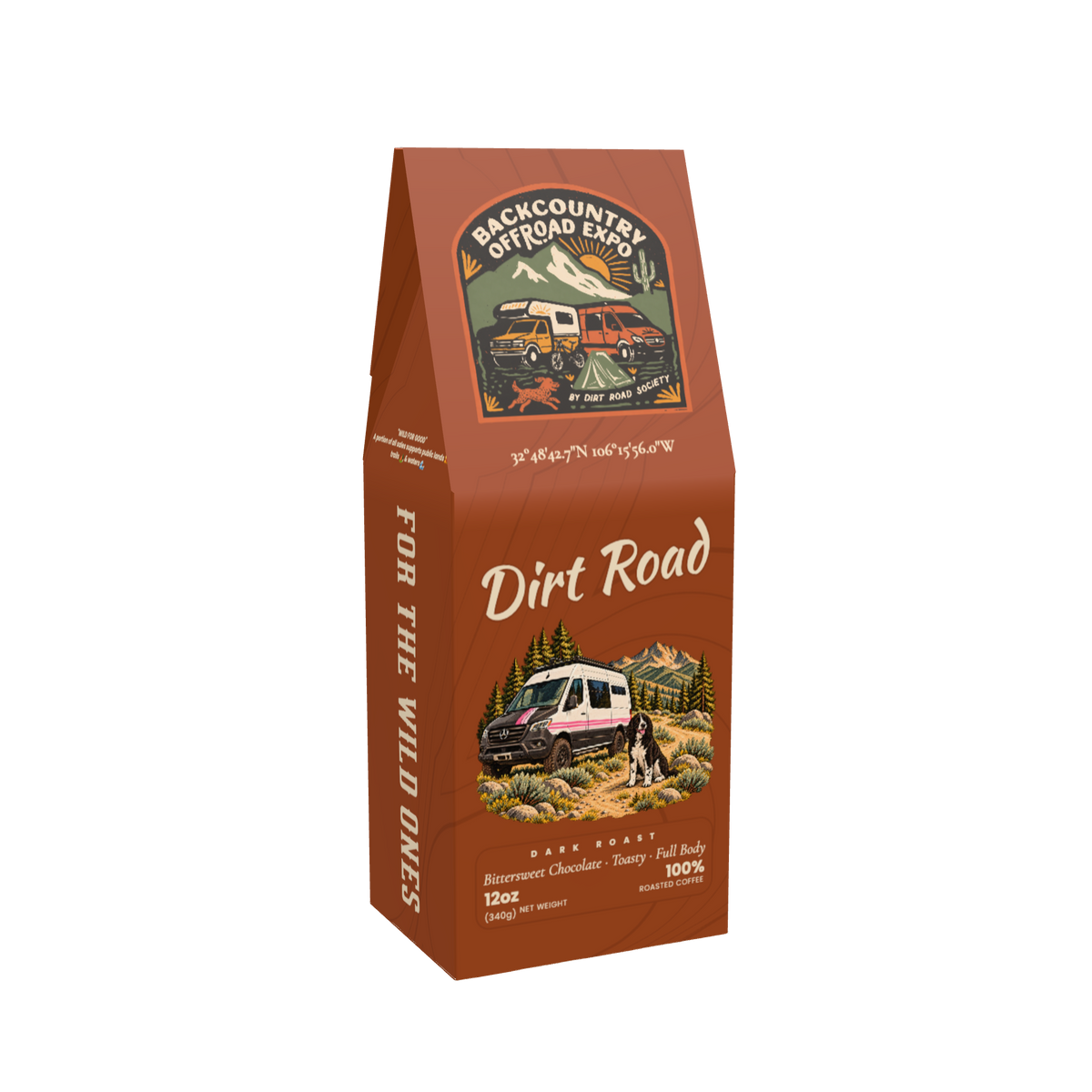 Front of the 12 oz Dirt Road dark-roast coffee box, with Backcountry Offroad Expo branding and a dog beside a pink-striped camper van.