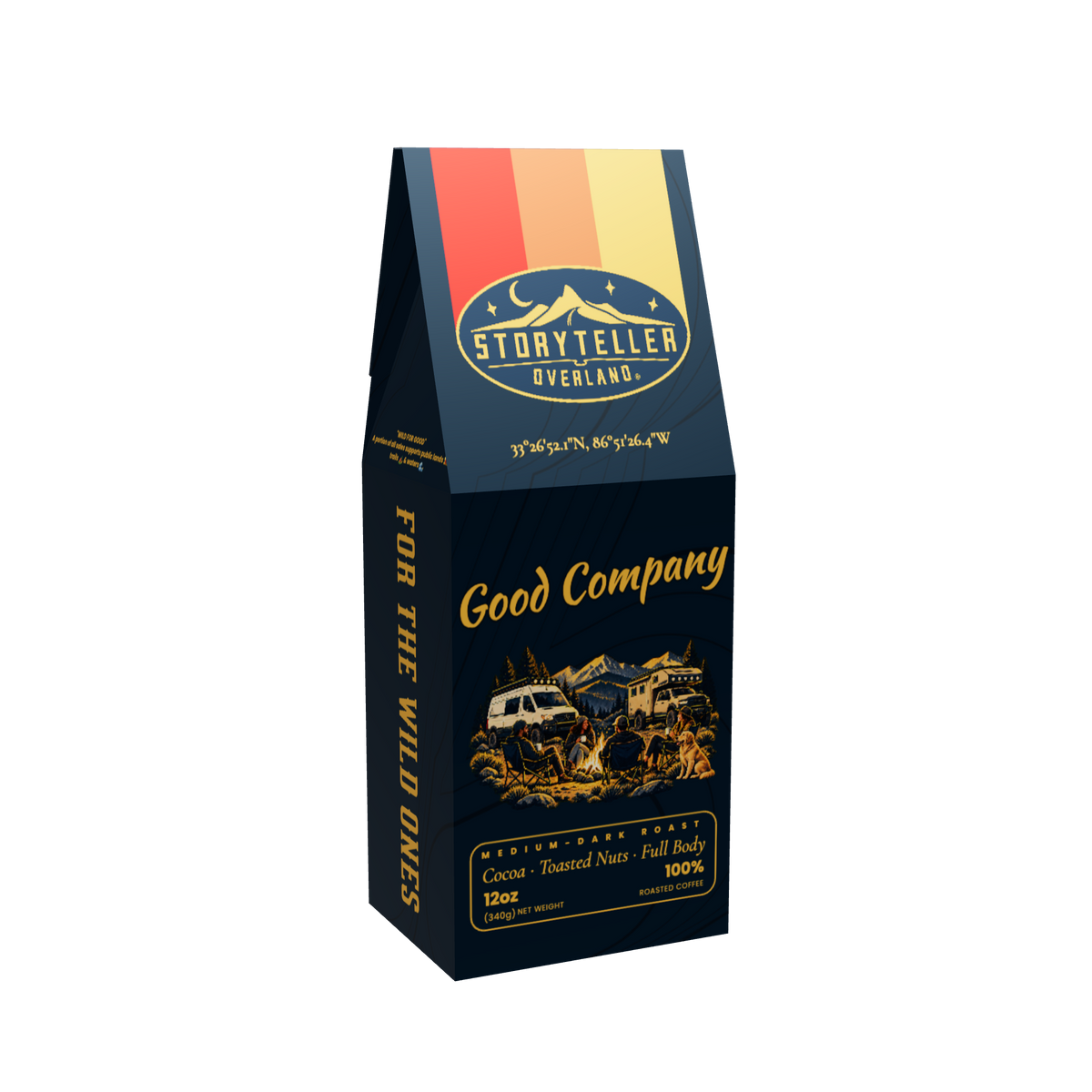 Front of the 12 oz Good Company medium-dark roast coffee box, with Storyteller Overland branding and friends gathered around a campfire.
