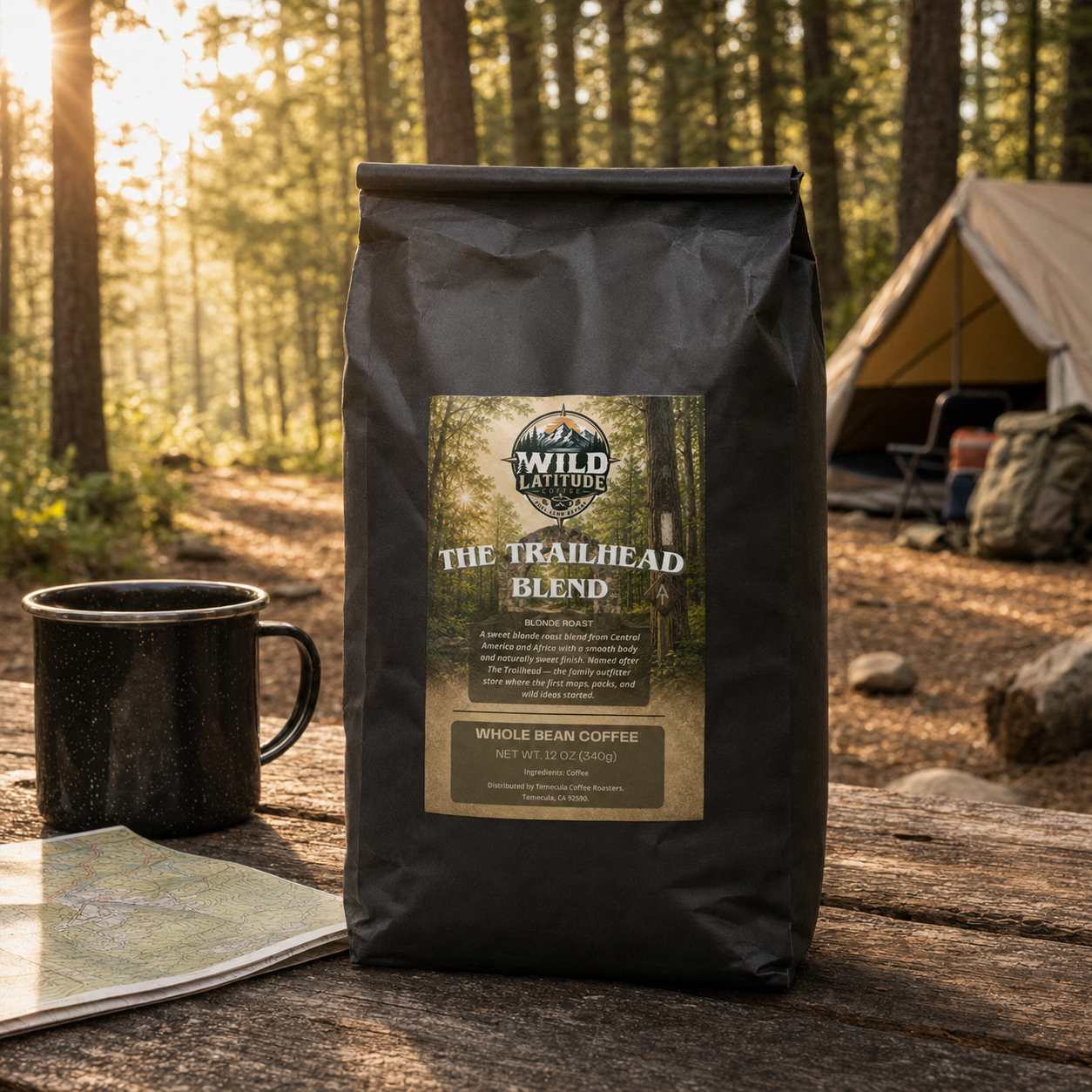 The Trailhead Blend coffee at a forest campsite