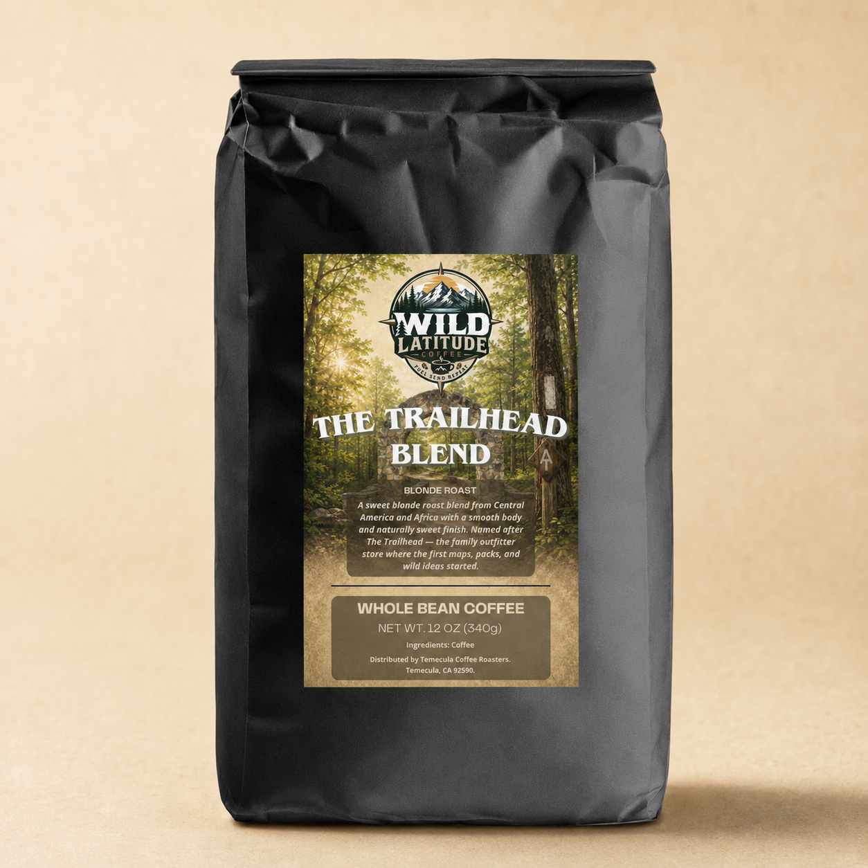 The Trailhead Blend coffee in a black bag