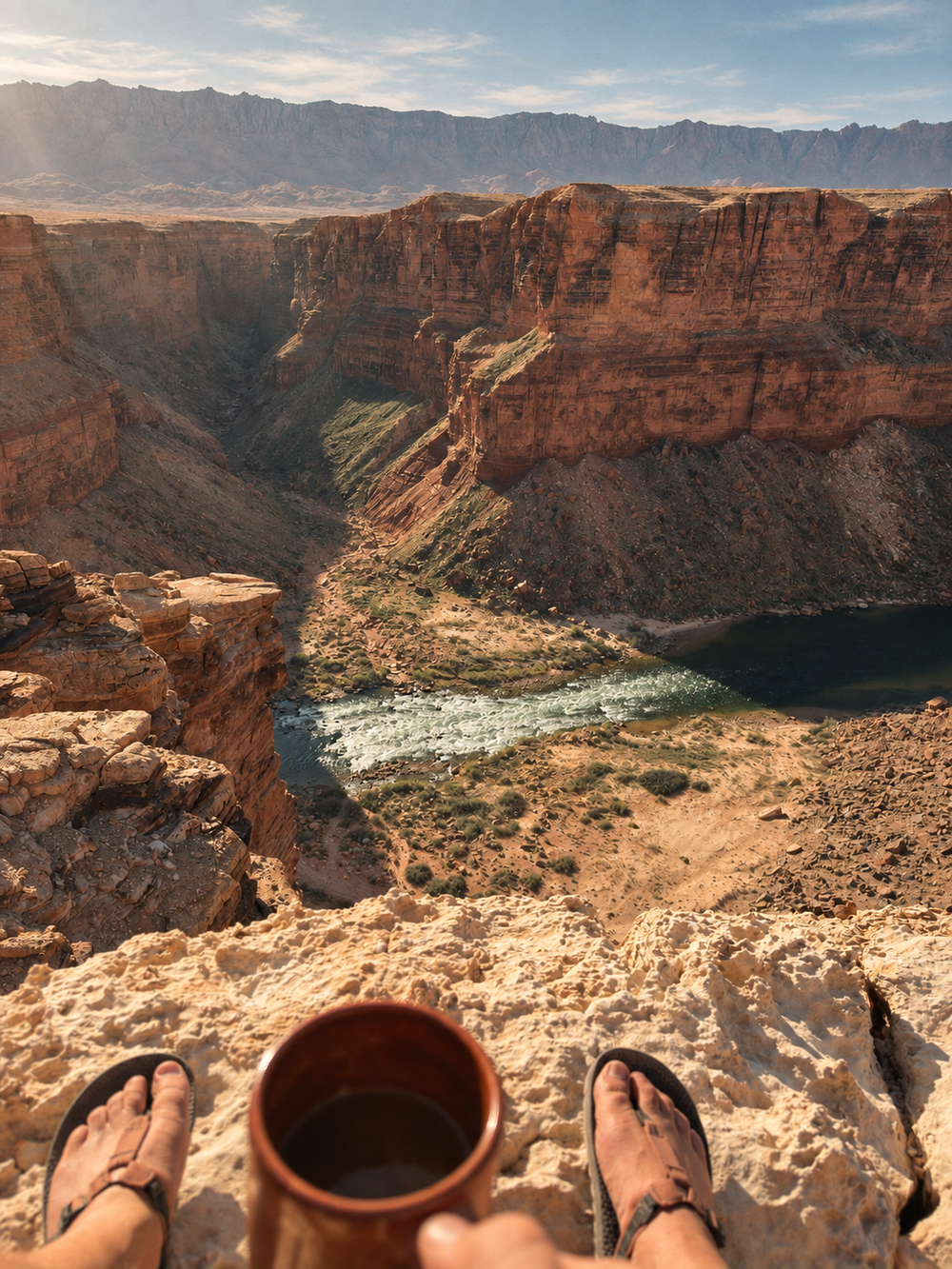 A ceramic mug of coffee above a river winding through a desert canyon.