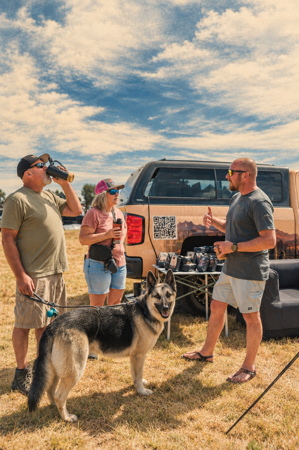 Coffee and conversation beside the Wild Latitude truck, with a four-legged friend.