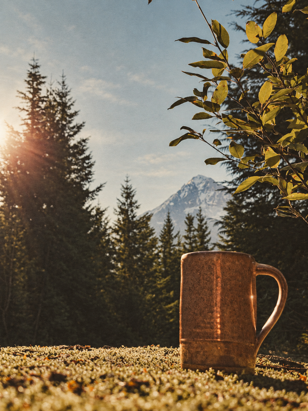 A brown coffee mug in the forest with a mountain in the distance.