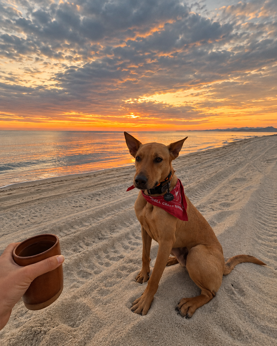 Sur on a beach at sunset, with a cup of coffee in hand.