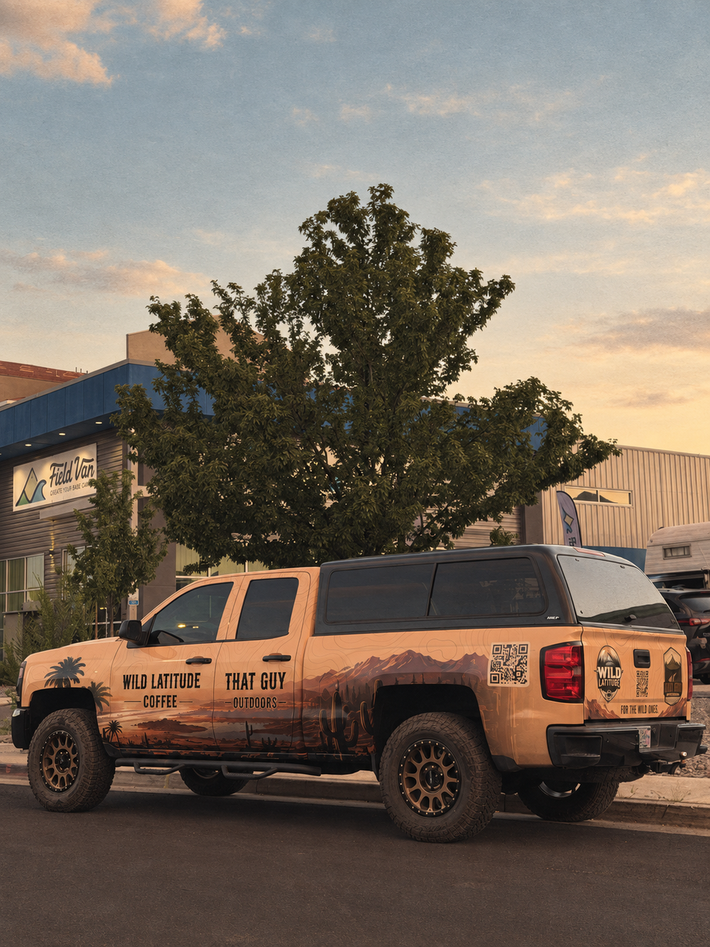 The Wild Latitude truck with its tan landscape wrap.